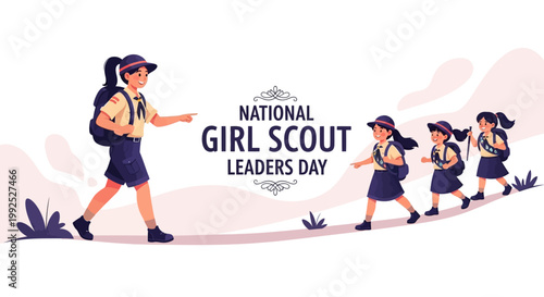 A Girl Scout leader guides young girls in an outdoor learning activity, illustrated in a vector graphic with a clean background, celebrating National Girl Scout Leaders Day with a focus