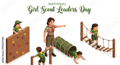 Isometric illustration for National Girl Scout Leaders Day features a diverse group of cartoon girls and a leader enjoying teamwork and collaboration on an outdoor obstacle course