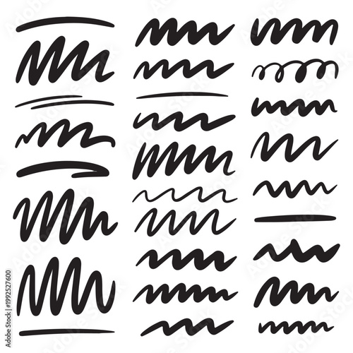 Set of hand drawn black brush strokes, marker scribbles and wavy underline textures isolated on light gray background