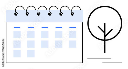 Time management, environmental planning, scheduling, sustainability, organization, productivity. Minimalist calendar with grid layout next to abstract tree design. Time management and environmental