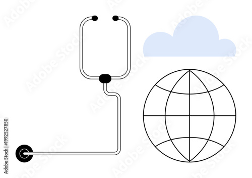 Cloud computing, data exchange, global networking, internet services, digital communications, global connectivity. A stethoscope, globe grid and cloud. Cloud computing and data exchange