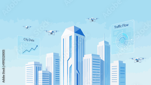 Drones flying over futuristic city