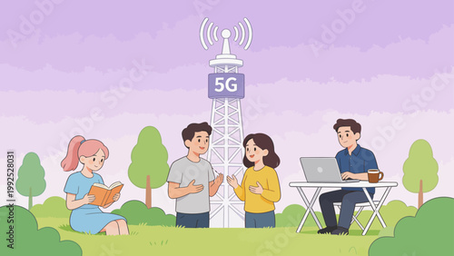 People using technology outdoors