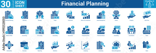 Financial Planning editable icon set vector illustration concept for business with icon of Financial Planning, Planning, Strategy, Target, Investment, Return On Investment, Asset Management, Assets.
