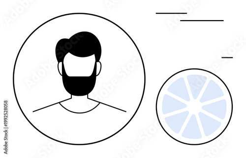 Social media, identity, , digital profiles, branding, graphic design. A minimalistic avatar of a bearded man inside a circle next to a circular abstract design. Social media and identity theme