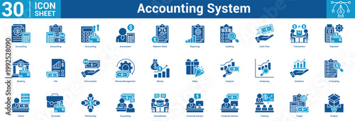 Accounting System editable icon set vector illustration concept for business with icon of Accounting, Accounting, Accounting, Accountant, Balance Sheet, Reporting, Auditing, Cash Flow, Transaction.