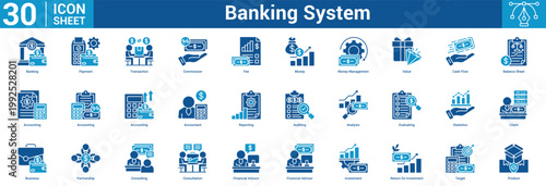 Banking System editable icon set vector illustration concept for business with icon of Banking, Payment, Transaction, Commission, Fee, Money, Money Management, Value, Cash Flow, Balance Sheet.
