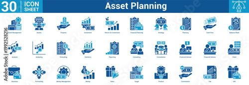 asset planning editable icon set containg statistics, reporting, consulting, advisor, client, business, partnership, and more.