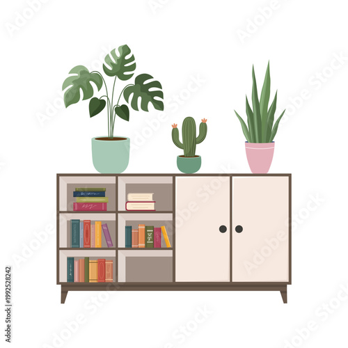 Modern sideboard with books on shelves and various potted indoor plants on top surface