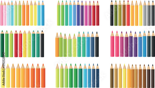 Set of colorful pencil collections arranged in rows isolated on white background, vibrant drawing tools and art supplies vector illustration