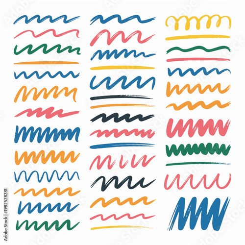 Set of hand drawn colorful brush strokes, marker scribbles and wavy underline textures isolated on white