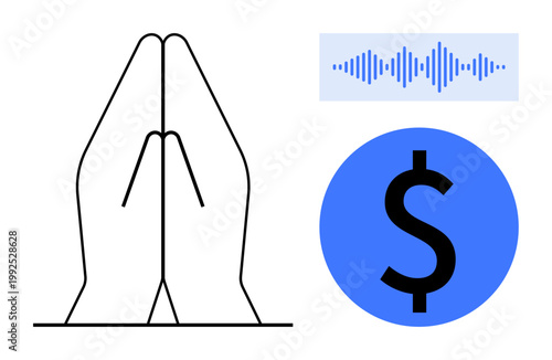 Donation concept. Praying hands, digital soundwave, and blue dollar sign explore aspects of donations, charity, and financial support. Donation for philanthropy, crowdfunding, finance apps