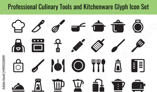 A comprehensive set of professional culinary tools and essential kitchenware glyph icons for modern design projects on transparent background. on transparent background