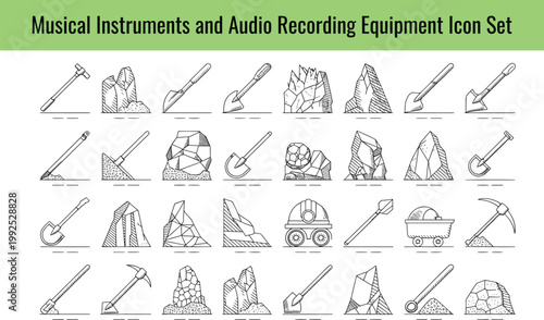 Hand drawn collection of mining tools and geological rocks illustrated as sketch style icons displayed on transparent background