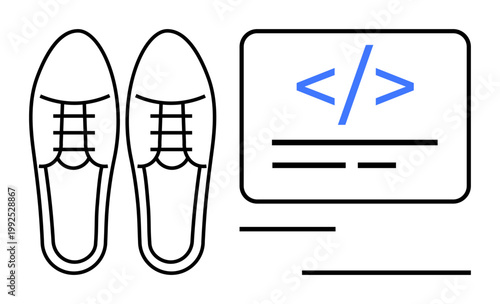 Technology, programming, creativity, digital design, fashion connection, modern innovation. Outline of shoes beside a coding tag symbol. Technology and digital design concept