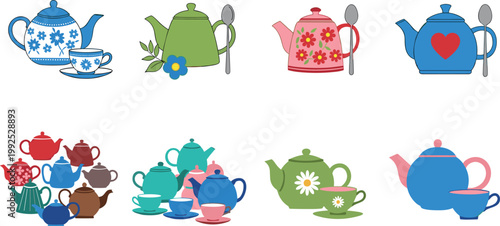 Set of colorful teapots and tea cups with floral patterns for kitchen and beverage serving flat vector illustration collection