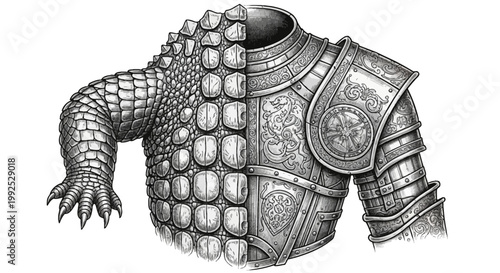 An illustration of a mythical creature wearing medieval armor with scaled arm and claw on a white background.