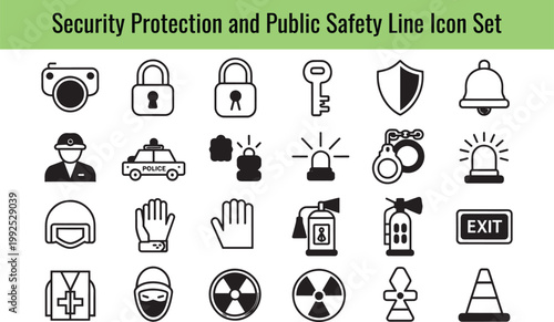 A comprehensive collection of security, protection, and public safety line icons for various design projects on transparent background. on transparent background
