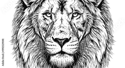 A close-up illustration of a lion's face showcasing its majestic mane and intense gaze in a detailed black and white drawing.