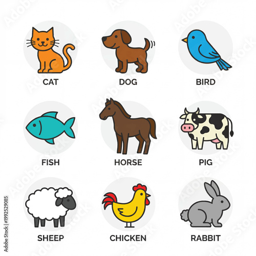 Collection of Cute Cartoon Farm and Pet Animals.