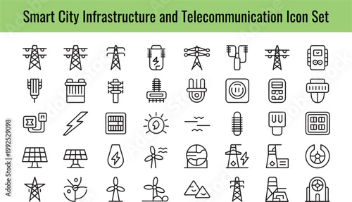 Set of black line icons representing various smart city power infrastructure and electricity transmission grid elements on transparent background