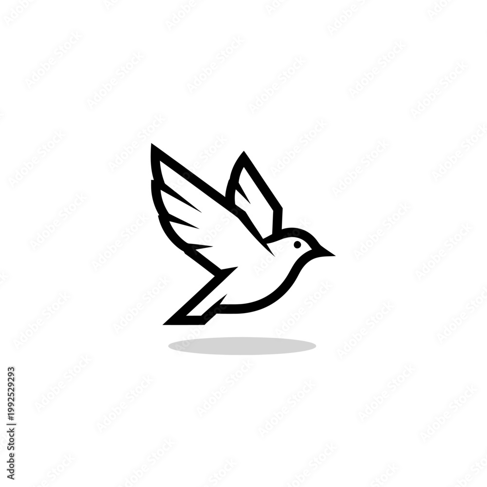 Obraz premium Black and white stylized bird icon in flight with wings spread, casting a subtle shadow