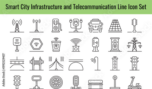 Collection of various smart city infrastructure and modern telecommunication line icons arranged neatly in a grid style on transparent background