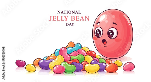 Charming cartoon illustration depicting National Jelly Bean Day with a pile of colorful candy sweets and a surprised pink jelly bean character against a clean white background