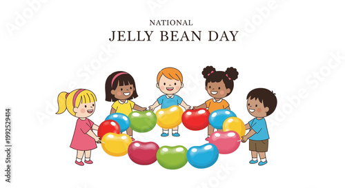 A cheerful illustration for National Jelly Bean Day showcasing diverse cartoon children playfully holding hands in a circle around oversized colorful jelly beans, set against a clean white