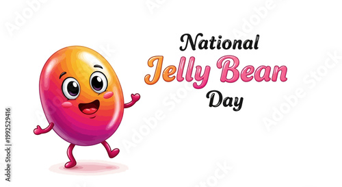 Playful National Jelly Bean Day illustration featuring a cartoon jelly bean character with a cheerful expression, set against a clean white background with festive typography in vibrant