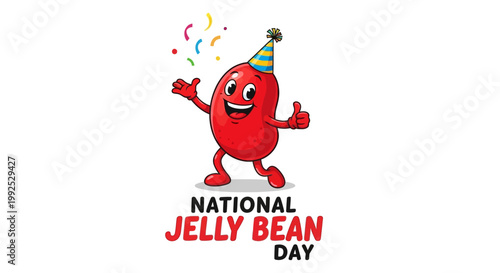 A cheerful red jelly bean character wearing a party hat celebrates National Jelly Bean Day with confetti raining down, set against a clean white background in a fun, playful illustration