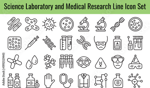 A collection of science laboratory and medical research line icons including microscopes, dna, test tubes, viruses, and molecules on transparent background
