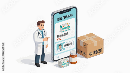 Doctor with online pharmacy app and delivery box