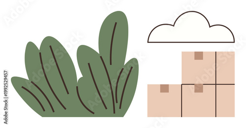 Delivery, logistics, environmental sustainability, packaging, outdoor storage, eco-consciousness. Green bushes next to stacked beige boxes under a minimal cloud. Delivery and environmental