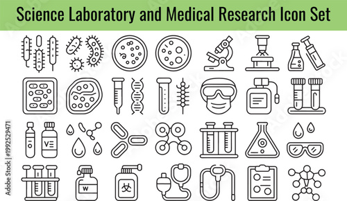 Bild auf Leinwand Detailed set of various science laboratory and medical research equipment icons