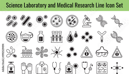 Professional set of black and white science laboratory and medical research line icons presented on a clean on transparent background