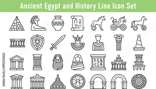 Detailed collection of ancient Egypt and history line icons depicting cultural symbols and architectural elements displayed on transparent background