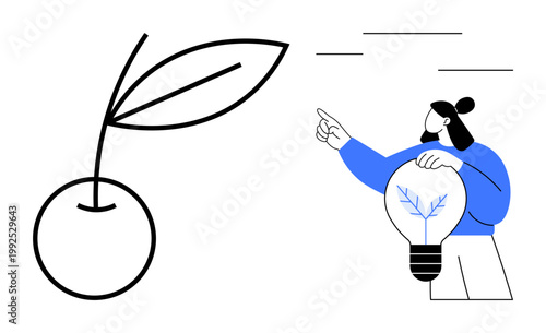 Business growth, innovation, eco-friendly ideas, design inspiration, creative thinking, sustainable practices. Woman holding a light bulb and a stylized plant. Growth and innovation visualization