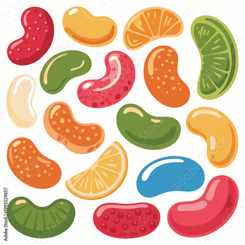 Set of colorful cartoon jelly beans, fruity chewy candy vectors isolated on white background