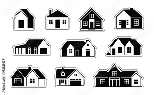 Black silhouette home building icon set, collection of different house designs and architectural styles, minimal vector symbols, real estate and construction concept, clean editable icons for web