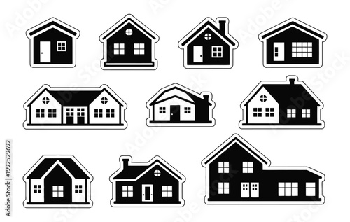 Black silhouette icon set, featuring various house and home building designs, modern residential architecture collection, simple flat vector symbols