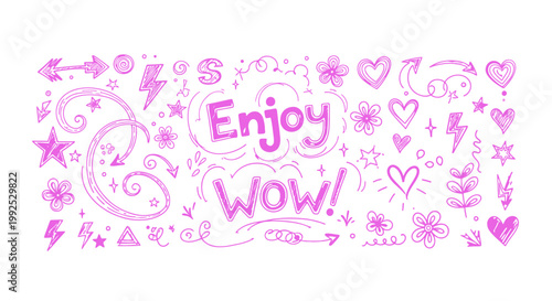 hand-drawn doodles and pink graphic elements featuring enjoy and wow text perfect for a cheerful design or social media banner.