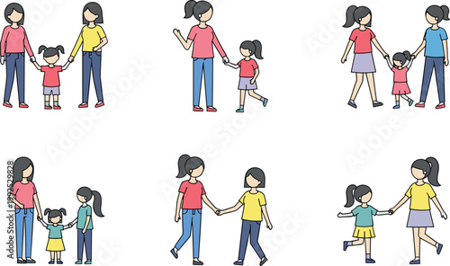 Set of mother and daughter characters walking holding hands and spending time together family bonding flat vector illustration collection