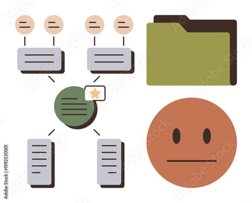Data management, organizational workflows, file storage, decision-making processes, conceptual analysis, and user response. Diagram includes a folder, decision tree and neutral face symbol. Data