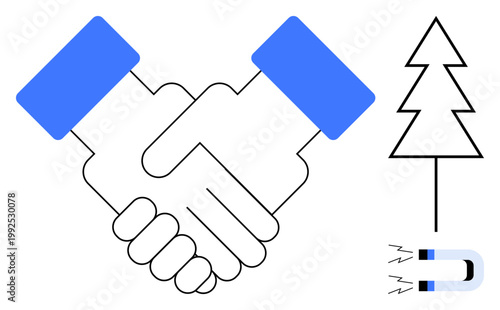 Sustainability, collaboration, business agreements, eco-friendly partnerships, attraction, energy concepts. Handshake with tree and magnet illustration. Collaboration and sustainability concepts