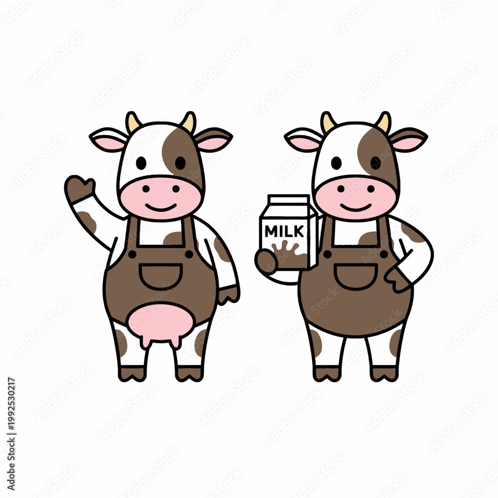 Fototapeta premium Cartoon Cow Characters Wearing Aprons Holding Milk Carton Mascot