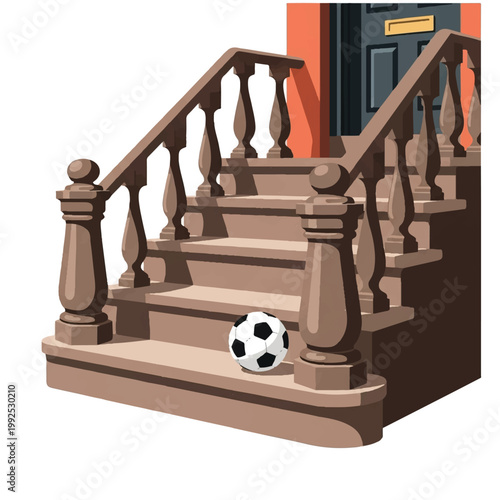 A classic New York City brownstone stoop with a soccer ball resting on the concrete step, urban residential atmosphere, clean geometric shapes, minimalist flat vector artwork, clipart style,