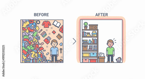 Illustration of a person organizing a cluttered space transforming into a tidy and organized bookshelf with office supplies.