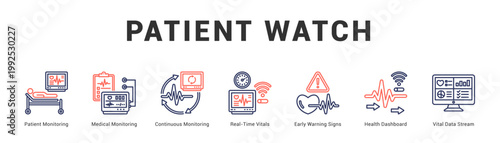 Patient Watch Modern and clean web banner illustration featuring thematic icons for visual communication