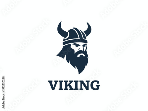 Viking Head Logo with Horned Helmet and Beard on White Background